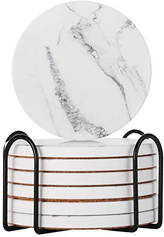 Drink Coasters Set of 6 - Marble Style Ceramic Round Coaster with Cork Base and Holder，Suitable for Kinds of Cups, Wooden Table,4 Inches (Marble)