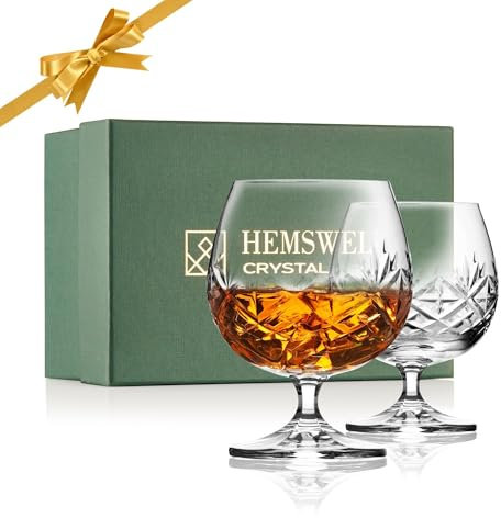 Hemswell Crystal Glenrigg - Set di 2 bicchieri da brandy in cristallo tagliato con scatola foderata in raso, da uomo, 250 ml, cristallo europeo