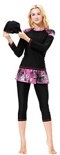 Odizli Burkini Damen Muslim Muslimische Badeanzug Full Cover Schwimmanzug Tankini Rashguard Islamisch Arabisch Jilbab Langarm Schwimmoberteile+Shorts Badehose+Hijab 3tlg Modest Bademode Schwarze M