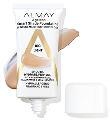 Almay Anti-Aging Foundation, Smart Shade Face Makeup with Hyaluronic Acid, Niacinamide, Vitamin C & E, Hypoallergenic-Fragrance Free, 100 Light, 1 Fl Oz (Pack of 1)