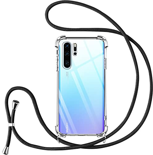 Vauki Handyband für Huawei P30 Pro Hülle mit Band, Handyhülle Silikon Transparent zum Umhängen Stoßfest mit Kordel Necklace Schnur TPU Bumper Case für Huawei P30 Pro, Schwarz