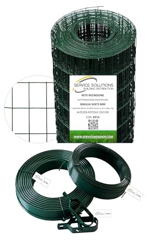 Rotolo 25 Metri Rete Metallica Zincata Plastificata Elettrosaldata Rigida per Recinzione Con di Filo Tensione, Filo Legatura e 2 Tendifilo (H. 150)