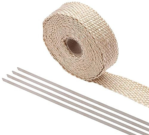 PACEWALKER Hitzeschutzband Basaltfaser 2.5CM x 5M Motorrad Auspuff Auspuffband mit 4 Edelstahl Kabelbinder für Fächerkrümmer Thermoband Krümmerband (Cremeweiß)