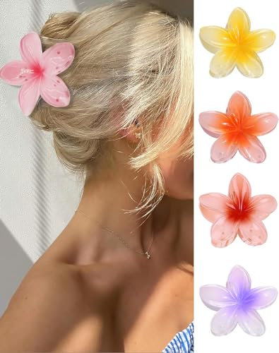 IOSPKKIO® 4 Stück Blumen-Haarklammern, große Krallenklammern für Dickes Haar, starker Halt, rutschfeste Haarklammern für Frauen, hawaiianische Blumen-Klauenklammern