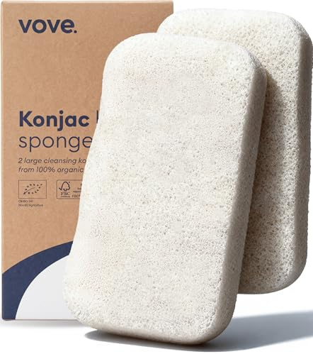 Vove Organic Konjac Body Sponges 2 Pack – Gentle Plant-Based Exfoliating Shower Sponges for All Skin Types, Microplastic-Free & Biodegradable, Certified Organic
