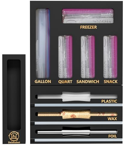 DALSHABET 9 IN1 Bamboo Storage Bag Drawer Organizer with Cutter, Foil and Plastic Wrap Dispenser for Kitchen Storage Compatible with All Brands Gallon, Quart, Sandwich & Snack Size Bags - Black
