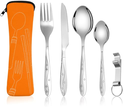 Vicloon Campingbesteck, 6 Stück Edelstahl Besteck, Reisebesteck Camping mit Gabel, Löffel, Flaschenöffner und Bestecktasche, Edelstahl Besteck für Reise Camping Picknick (Orange-Stern)