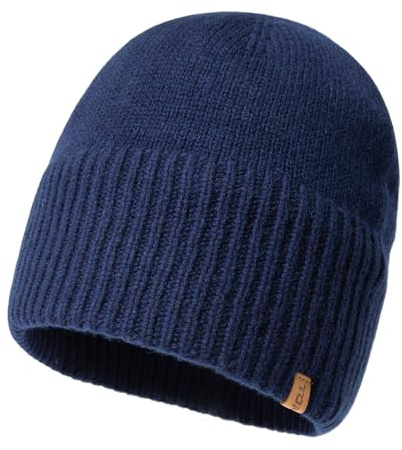 TOP-EX PolarWool™ Bonnet de pêcheur trawler 100 % laine mérinos, bonnet unisexe doublé polaire thermique d'hiver, bonnet chaud en laine pour la course à pied, le golf, 56-65 cm, bleu marine, XL-XXL