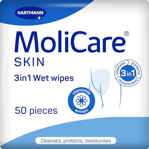 MoliCare Skin 3in1 Wet Wipes for Adults, Fresh Body wash Wipes for Cleaning, Protecting and moisturizing - Also Suitable for Intimate Area and Skin Stressed by Incontinence, 50 Pieces