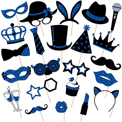 Zonon 24 Pcs Funny Photo Booth Props:Birthday Wedding Graduation, Family Reunion, Class Reunion, Easter, Prom Disco Party Celebration Decoration Supplies - Mix of Hats,Lipstick,Tie(Blue and Black)