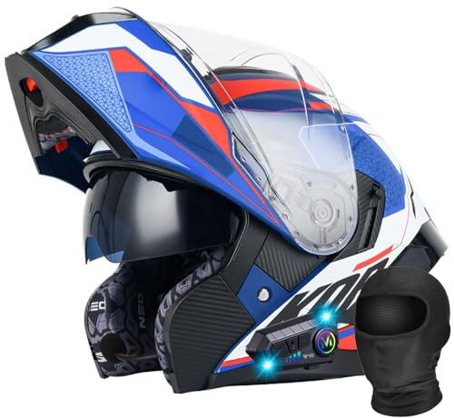 Bluetooth Motorradhelm Integriert Motorradhelm, ECE Zertifiziert Integralhelm mit Doppelvisier, mit Eingebautem Mikrofon für Automatische Reaktion, für Erwachsene Frauen Männer