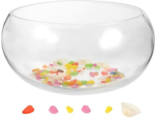 HANABASS Glasfischglas Mit Steindekor Breite Öffnung Blumenvase Kleines Fischglas Aquarium Für Betta-Goldfische Desktop-Glasterrarium Süßigkeitenschale 15 cm Durchmesser