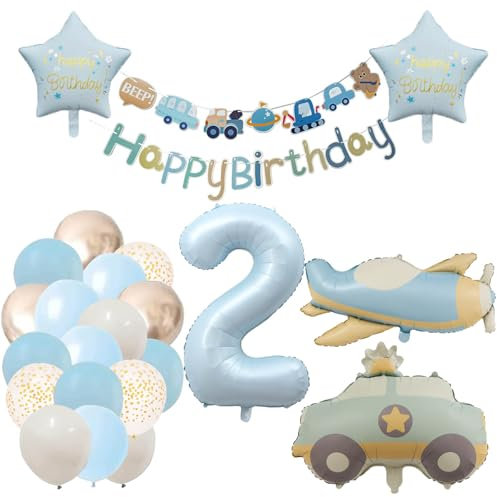 Dekoration 2-års- kalas pojke traktor, födelsedagsdekoration 2 år, flicka ballong 2-års- kalas, pastellblå ballong, nummer 2, partydekoration