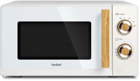 VonShef Microwave 20L 700W - Compact Solo Microwave, 6 Power Levels, Cream & Wood Effect, Nordic Design, Large Capacity, Defrost Function, Turntable System & Rotator Ring, Clock & Timer - Fika Range