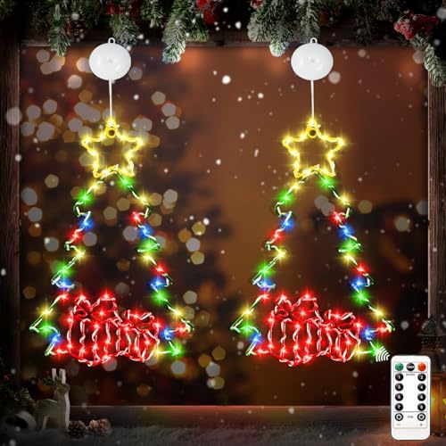 kopotma 2Stück 36cm Saugnapf Weihnachtsschmuck Baumlichter, Weihnachtsbeleuchtung Fenster Batterie, LED Weihnachtsbaum Fenster Strom, Weihnachtsdeko Fenster Beleuchtet Hängelichter