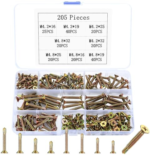 Self Drilling Screws, 205 Pcs Self Tapping Metal Screws, Cross Head Countersunk, M4.2mm/M4.8mm Flat Head for Metal Sheets, Roofing, Windows, Wood, Plasterboard