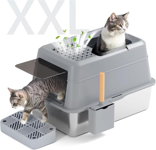 FRETONBA Kattlådebox i rostfritt stål XXL, kattlådebox 26L stor kapacitet, kattlådebox med hög vägg, läckagesäker och lätt att rengöra, kattlådebox med lock, pedal, skopa, Grå
