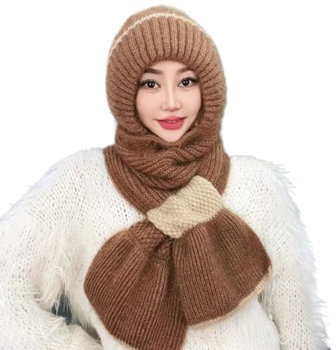 JPSSJGYH Winddichter Mützenschal mit integriertem Ohrenschutz, Warmer Winterschal aus Strick, vielseitiger gestrickter Kapuzenschal (Brown,One Size)