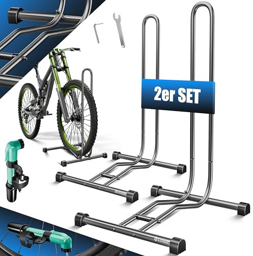 KESSER® Fahrradständer Boden einzeln für Mountainbike, E-Bike, Citybike, Rennrad, MTB | Fahrrad Montageständer | Freistehender Fahrradhalter Ständer Eisen | Reifenbreite bis 65mm | Inkl. Luftpumpe
