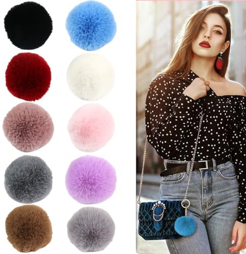 QIBZI Strick- & Häkelzubehör,10 Stück künstliche Plüsch-Pompons, weiche synthetische Fuchsfell-Pompons mit elastischen Schlaufen für Hüte, Schlüsselanhänger, Schals und Handschuhe