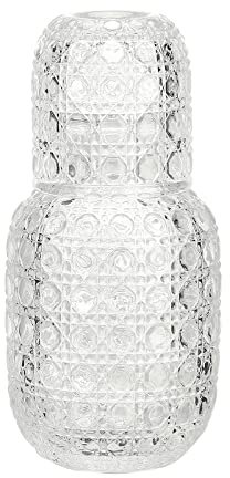 Bedside Water Carafe with Tumbler, Vintage Thicked Glass Water Pitcher, 440ml Crystal Jug Set for Guest Room Living Room Office Bedroom Bathroom (White)