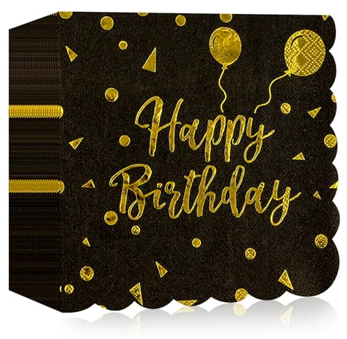 40 Stück Servietten Happy Birthday, Schwarze und Gold Geburtstag Spitzen Servietten 33x33cm für Junge mädchen Geburtstag Feiern Party Jubiläum