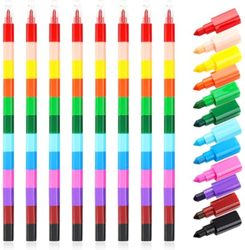 FENQURO 8 piezas Crayones de cera apilables, 12 colores crayones de bloques de construcción, seguro y no tóxico arco iris crayón ideal pequeños regalos para fiestas de cumpleaños de los niños