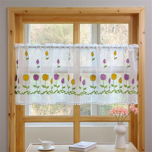 AQCQDQ Modern Scheibengardinen Landhausstil Bistrogardine Frühling Tulpe Spitze Bestickte Tüll Türvorhänge, Transluzent Bistrogardine Küchengardinen Staubdichte Stickerei Gardinen (BxH 100x60 cm)