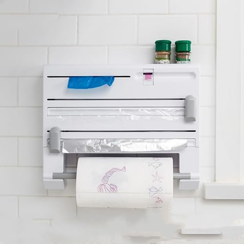 UUE Kitchen Wall Roll Holder, 6-in-1 Wall Roll Holder, Kitchen Roll Holder, Kitchen Roll Holder, Kitchen Roll Holder, Cling Film Dispenser, Aluminium Foil Cutter, Kitchen Roll Holder