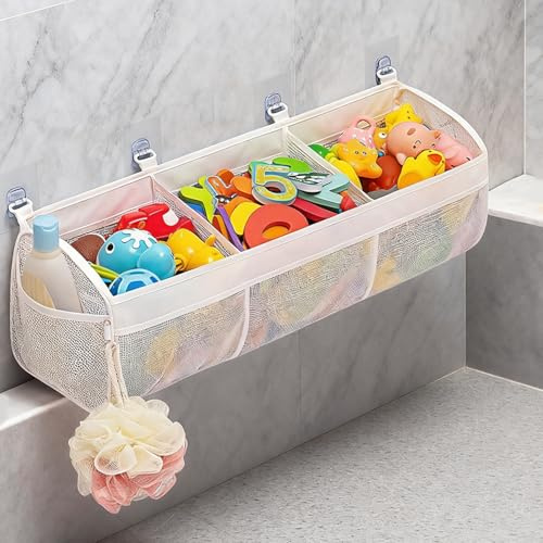 dancepandas Bolsa Juguetes Bañera, Organizador de Juguete Baño,63 * 16 cm con 3 Compartimentos y 2 Bolsillos Laterales,Almacenaje de Juguetes de Baño,Blanco con 4 Ganchos
