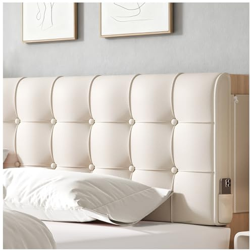 Upholstered Wall Mounted Headboard Full Size with Removable Beige Cushion Peel and Stick Headboard Cover Soft Padded Backrest for Dorm Bed Frame Bedroom Decor Washable Adhesive Head Board (Full,Beige)