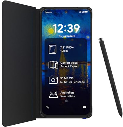 TCL Smartphone Android NXTPAPER 60 Ultra 5G, écran FHD+ 7,2 Pouces, 12 Go de RAM + 512 Go de ROM, téléphone respectueux des Yeux, Couleur Noir nébuleuse,avec Coque à Rabat et Stylet
