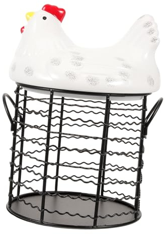 TOYZFRIENDY Chicken Shaped Egg Basket Metal Wire Storage Basket Ceramic Holder for Fresh Eggs and Vegetables Kitchen Countertop Organizer in White and Black