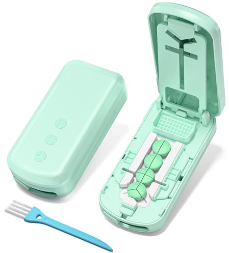 Daviky Pill Cutter Splitter for Small & Tiny Pills, Dual Safety Blades, Adjustable Centering Slot, Precise 1/2 1/3 1/4 Tablet Cutter, Built-in Storage, Portable & Senior-Friendly（Green）