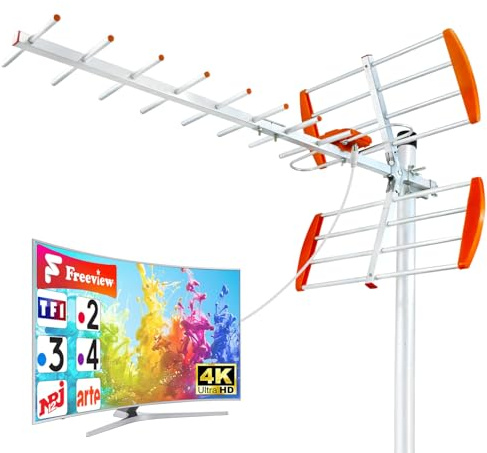 Antenne TV Extérieure 9 Éléments Yagi Râteau – Réception TNT HD/UHD 4K DVB-T/T2 – Antenne Télé Longue Portée France – Résistante aux Intempéries, Installation Facile – Câble Coaxial 10M Inclus