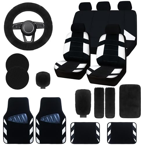 JINGSEN Car Seat Cover Full Set,Universal Breathable Car Seat Cove,Waterproof Floor Mats,Fit Sedans,Cars,Vans,SUV,Truck (Black)