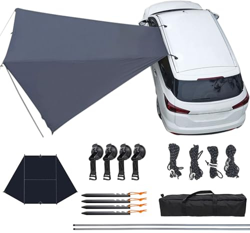 Universal Auto Markise Sonnensegel Auto Wasserdicht Vorzelt | Camping Markise für PKW, Vans und Campingbusse, Keder oder Saugnapf Montage, Grau Awning, 380 X 280 cm