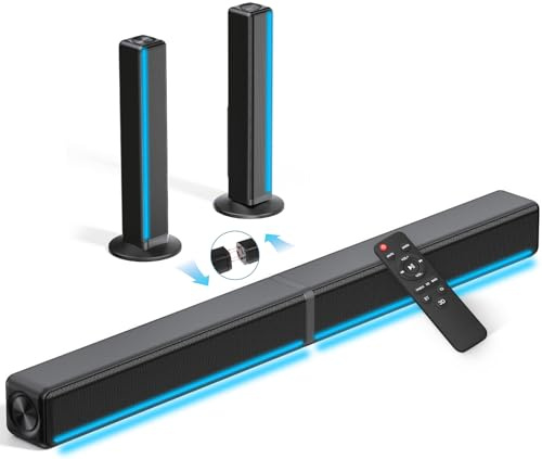Barra de sonido para dispositivos de TV con iluminación RGB, 2.2 canales divisibles 2 en 1 sistema de sonido de TV con 3 modos de ecualización, graves ajustables, altavoz Bluetooth de 180 W para