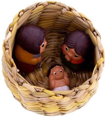 SHALOM - Presepe Artigianale in Cestino di Paglia Intrecciato. Nativita' in Miniatura Fatta A Mano. Dimensioni 6x4,5 Cm