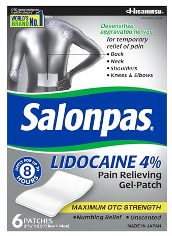 Salonpas Lidocaine 4% Pain Relieving Gel-Patch, 6 Count, for Back, Neck, Shoulder, Knee & Elbow Pain