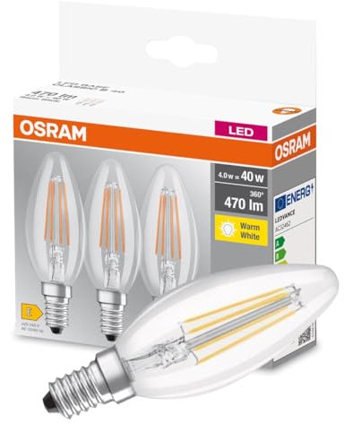 Osram LED Base Classic B Lampe, in Kerzenform mit E14-Sockel, nicht dimmbar, Ersetzt 40 Watt, Filementstil Klar, Warmweiß - 2700 Kelvin, 3 Stück (1er Pack)