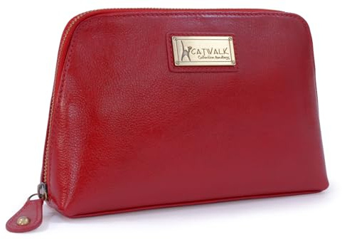 Catwalk Collection Handbags - Damen Leder Make - Up Tasche - Schminktasche Mittelgroß - Kosmetiktasche für Handtasche - Emma - Rot