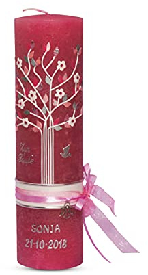 Vintage Taufkerze Kommunionkerze Lebensbaum mit Taube und Satin schleifenband Rosa 25x7 cm für Mädchen auf Rustik Kerze in Pink Grau Taupe Weiß u.v.m. mit Taufdatum und Namen
