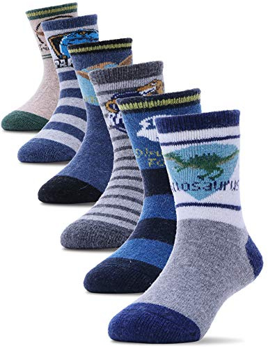 PROETRADE Merino Wool Socks for Kids Boys Girls Toddlers Winter Warm Thermal Walking Thick Heavy Boot Cosy Hiking Gift Socks 6 Pairs(Dinosaur A，8-12 Y)