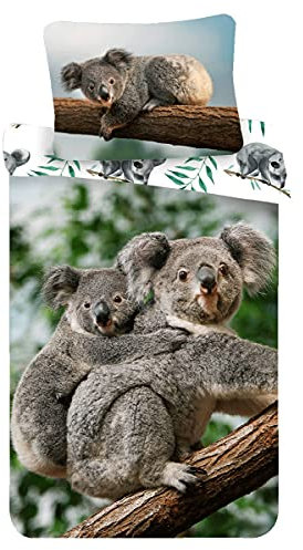 Koala Bed Linen Set with Baby in Wild on Eucalyptus Tree, Duvet Cover 140 x 200 cm, Pillowcase 70 x 90 cm, 100% Cotton, for Children, Teenagers, Adults