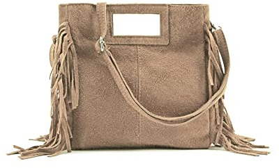 MODELISA - Bolso Bandolera De Mano Con Correa Al Hombro Con Flecos Piel Made In Italy Mujer (Beige)