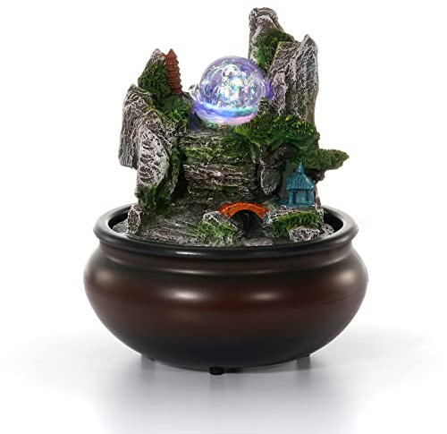 Dyna-Living Tabletop Water Fountain,Environmental Resin Meditation,Desktop Fountain,Indoor Waterfall Feature with Crystal Ball and Light for Home Office Decor Relaxation 6.3''X6.3''X7.9''