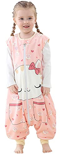 COOKY.D Saco de Dormir Unisex para Bebés con Pies Manta Transpirable para Niños Pequeños Traje de Dormir sin Mangas para Animales,5-6 Años,Gato
