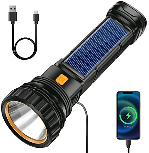 Solar LED Taschenlampe, USB Wiederaufladbar Solar Torch, LED Taschenlampe mit 3 Modi, LED Stroboskop Wasserdicht Taschenlampe, Taschenlampen Lampe Ideal Für Angeln, Notfall, Outdoor