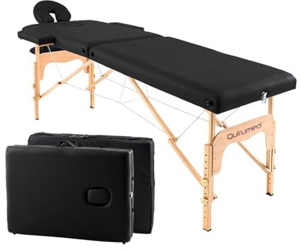QUIRUMED Easy Klappmassageliege aus Holz, Farbe Schwarz, 182 x 60 cm, Kunstleder, tragbar, Leichter, Abnehmbarer Kopf, Gesichtsloch, höhenverstellbar, bis zu 120 kg